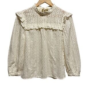 Madewell Eyelet Ruffle Peasant‎ Blouse Womens Small Ivory High Neck Cottagecore